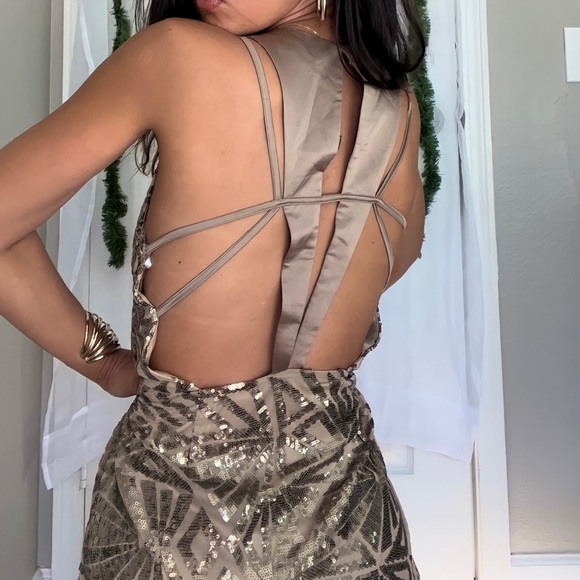 Lulu’s Minuet Gold Sequined Strappy Open Back Formal Mini Cocktail Dress - Picture 5 of 6
